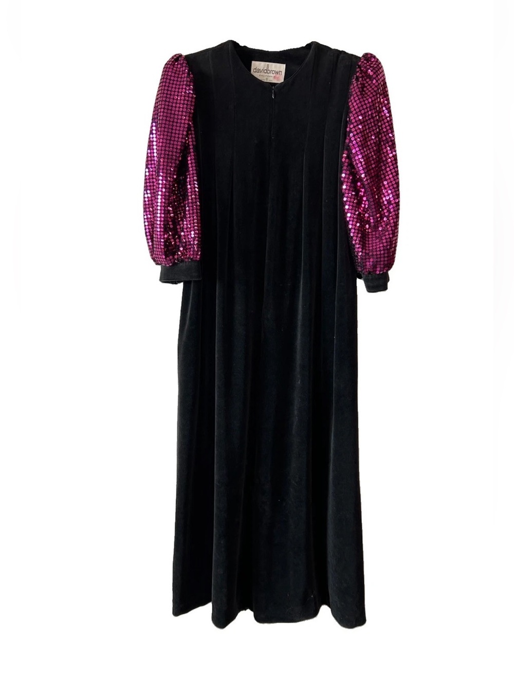 Vintage 80’s David Brown Velvet Sequin Sleeve Maxi Dress Duster USA Made M Glam